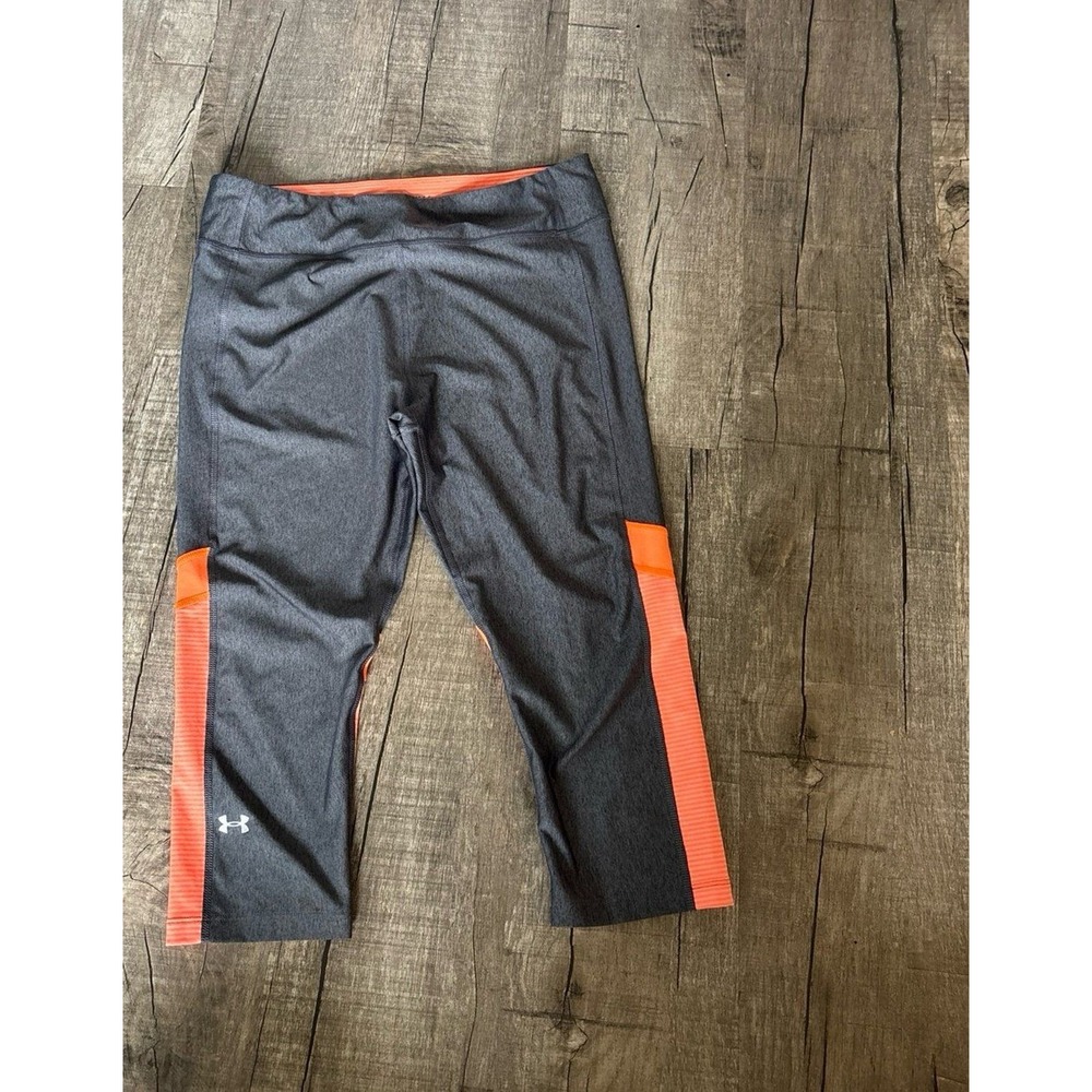 Under Armour HeatGear Compression Leggings Gray Orange Colorblock Capri Womens L